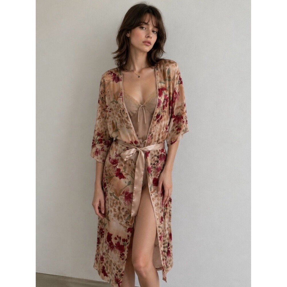 Vintage 90s Cinema Etoile Beige Satin Lingerie Gown & Sheer Floral Robe Set M